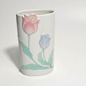 Vintage Otagiri 80s Oval Vase with Pastel Tulips Japan